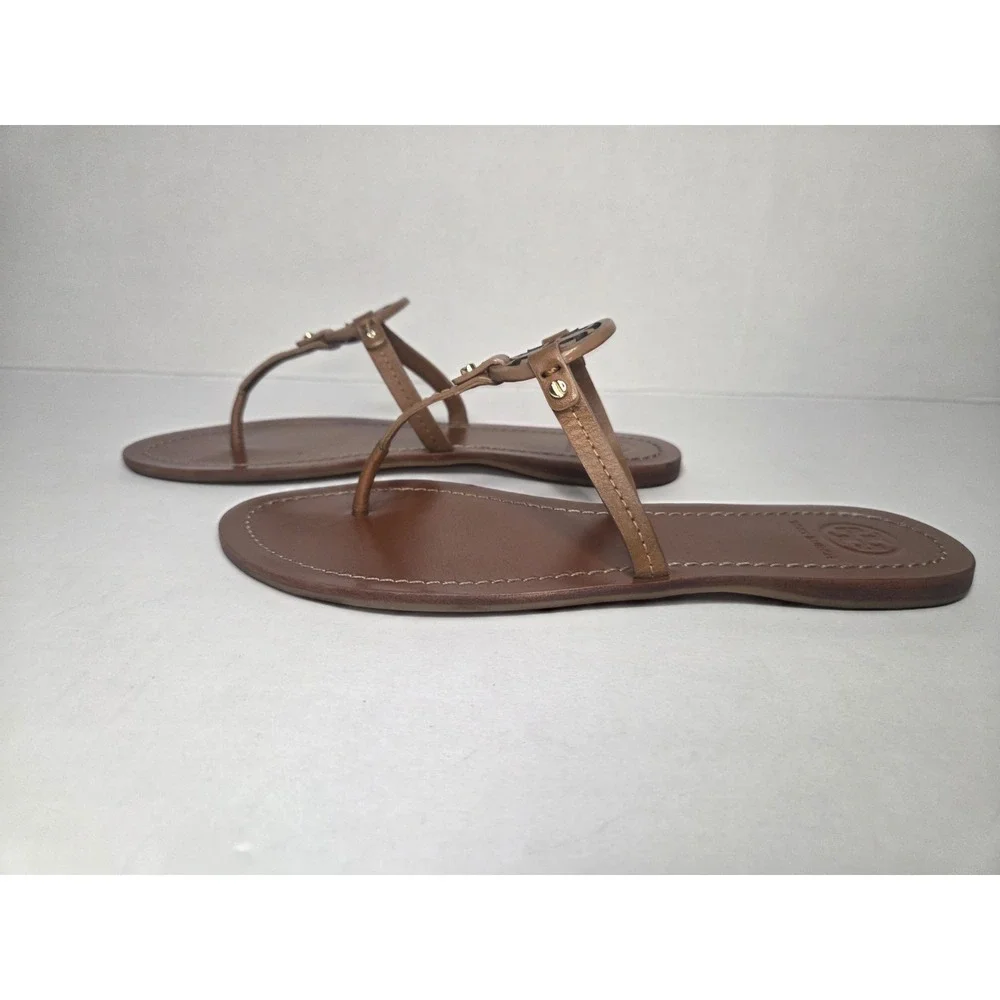Tory Burch Miller Leather Thong Sandals Tan Brown Double T Logo Flat Women's 7.5